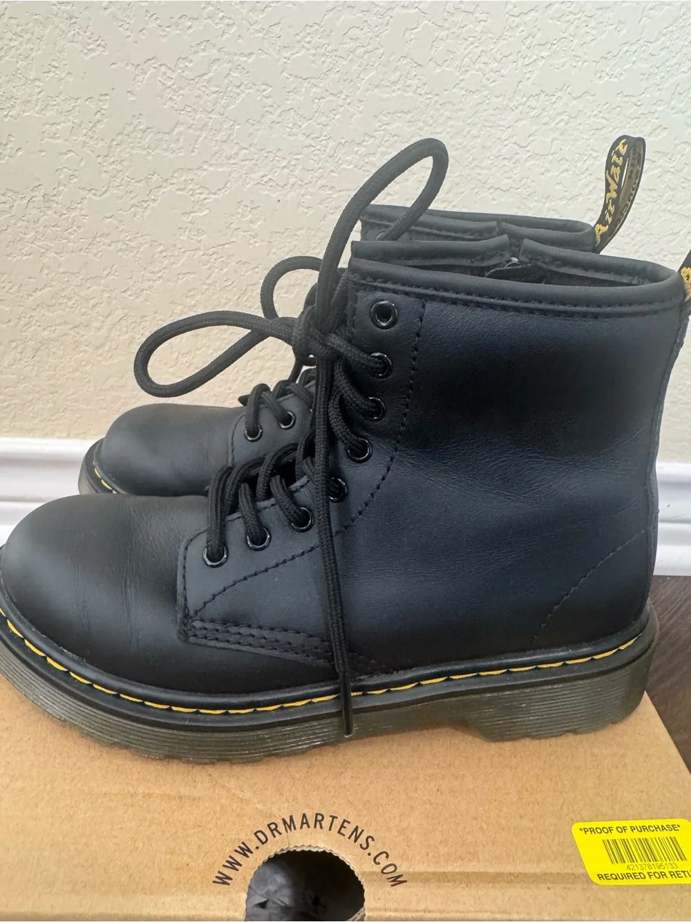 Dr. Martens Kids Black Lace-Up Boots with Yellow Stitching